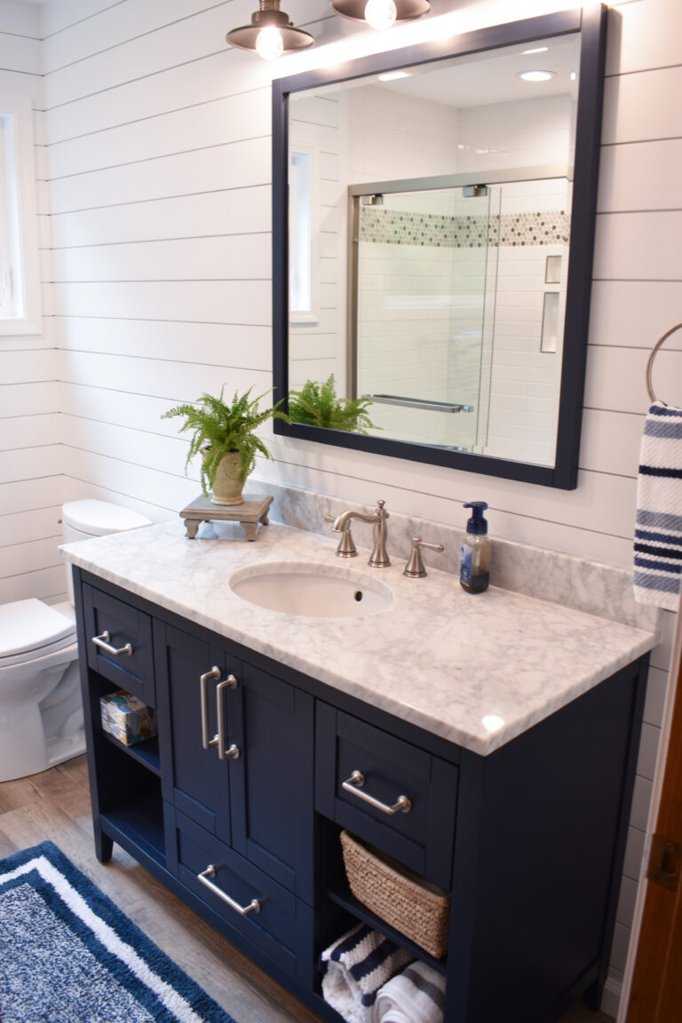 naval blue bamboo vanity with marble top