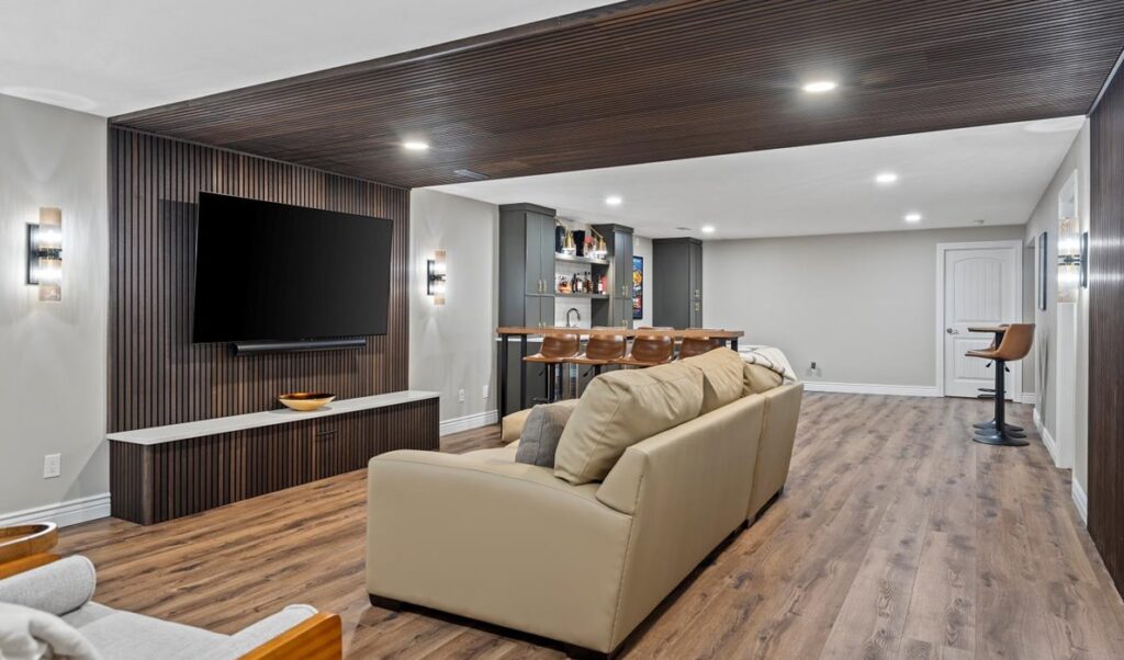 custom acoustic slats in basement theatre room