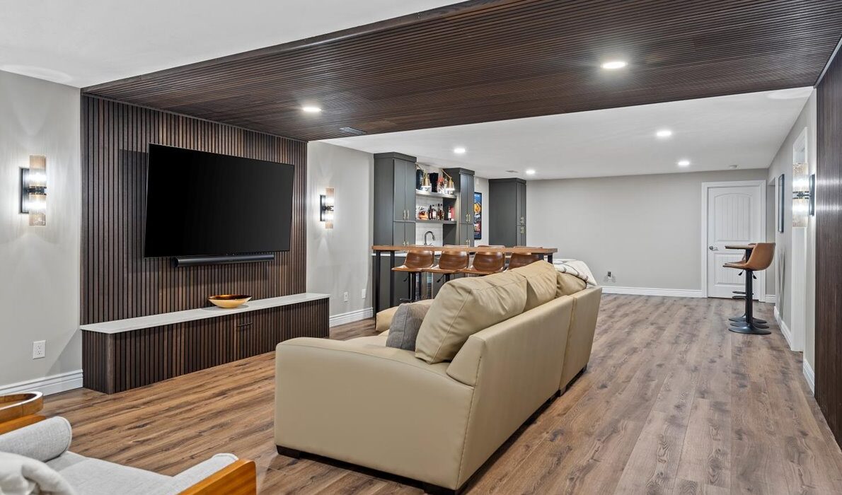 custom acoustic slats in basement theatre room